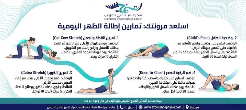 أفضل تمارين إطالة الظهر بالصور في افضل مركز علاج طبيعي وخطوات تنفيذها بأمان