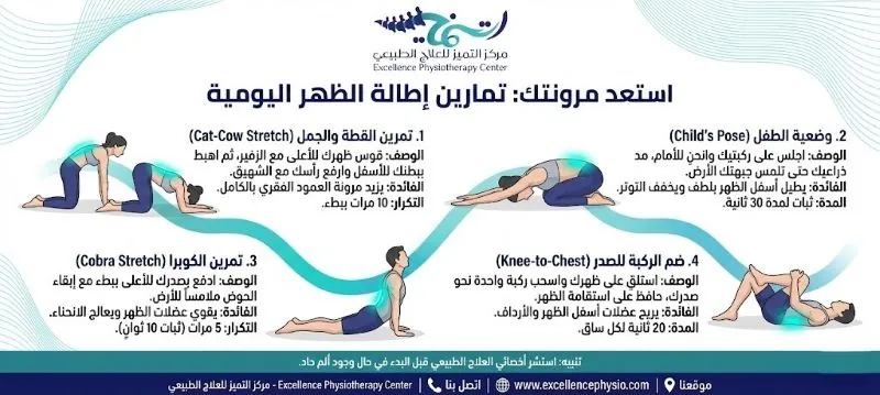 أفضل تمارين إطالة الظهر بالصور في افضل مركز علاج طبيعي وخطوات تنفيذها بأمان
